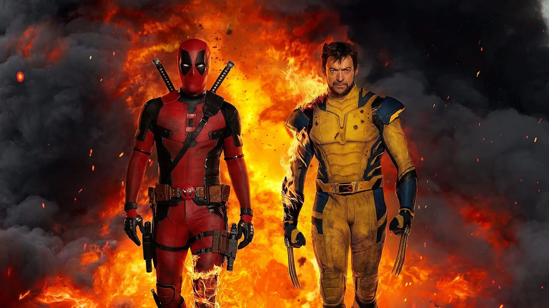 Superhéroes protagonistas de Deadpool y Lobezno saliendo de entre las llamas. Superhéroes protagonistas de Deadpool y Lobezno saliendo de entre las llamas.