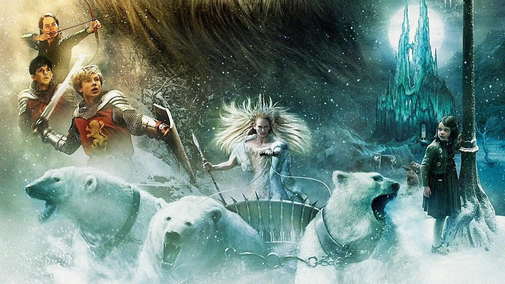 Imagen promocional de la primera película de la saga de Las crónicas de Narnia en la que se ve a los cuatro hermanos y la bruja
