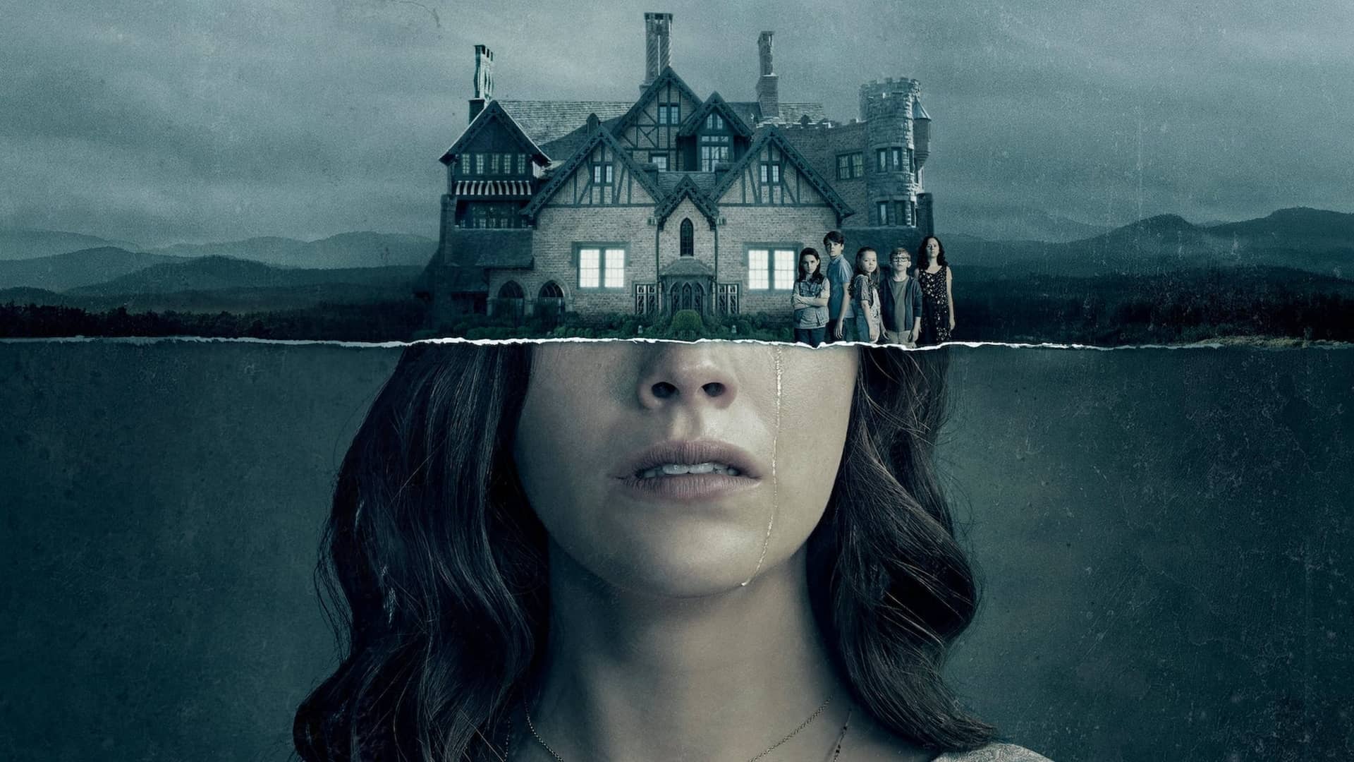 imagen de la caratula de la serie de terror de netflix la maldicion de hill house con la mitad del rostro de una mujer con una casa con niños imagen de la caratula de la serie de terror de netflix la maldicion de hill house con la mitad del rostro de una mujer con una casa con niños