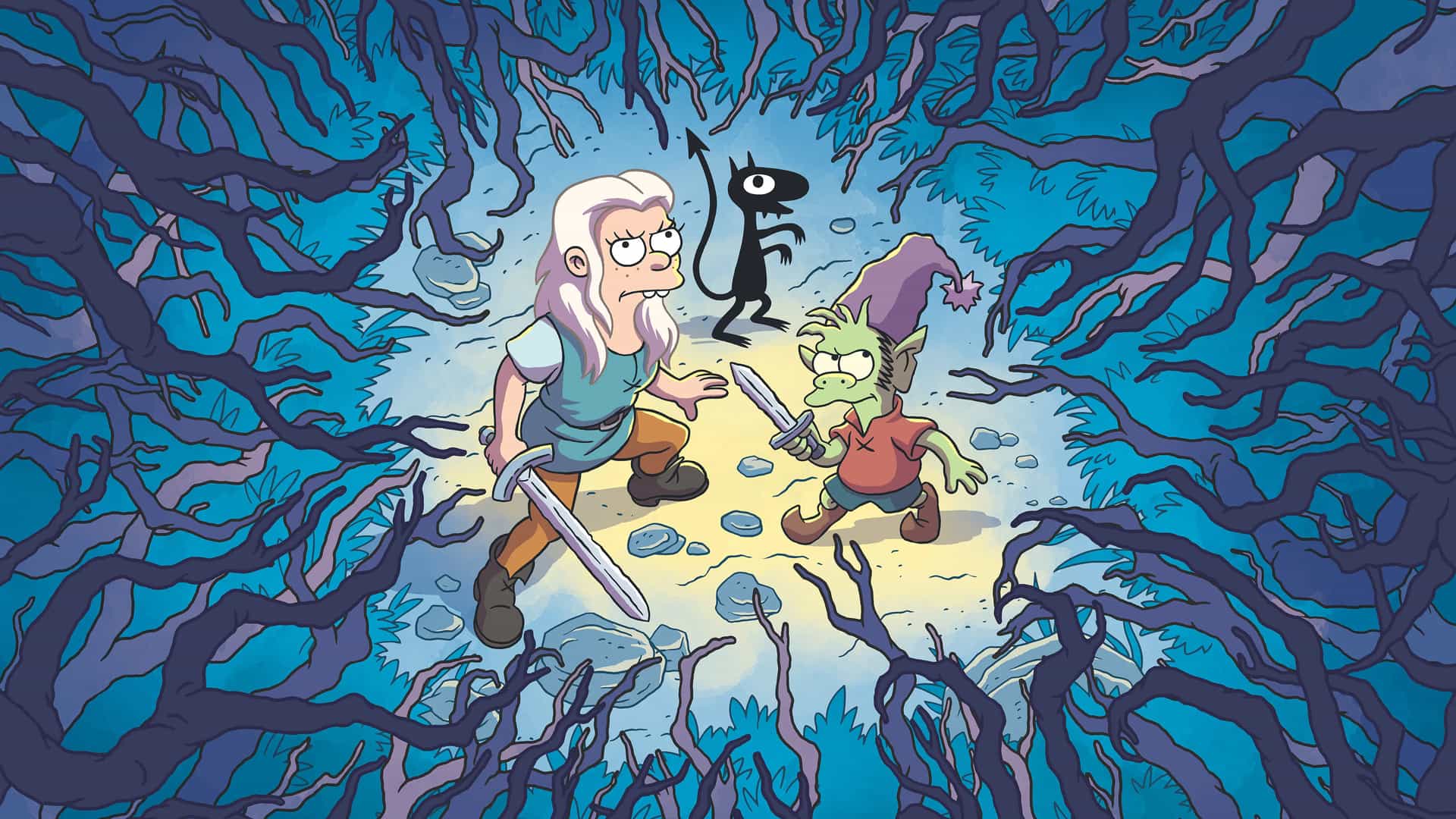 artwork de la serie desencanto con su protagonista y su mascota artwork de la serie desencanto con su protagonista y su mascota