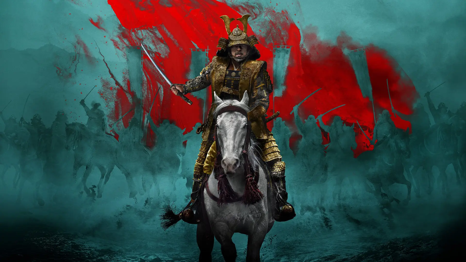 Imagen promocional de la serie Shôgun con un guerrero de armado en color dorado montado en un caballo blanco